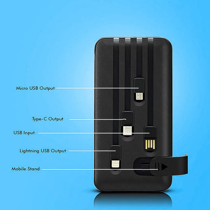 Wukusy 10,000mAh fast charging power bank with 4-in-1 USB ports and built-in mobile holder, portable electronics accessory.