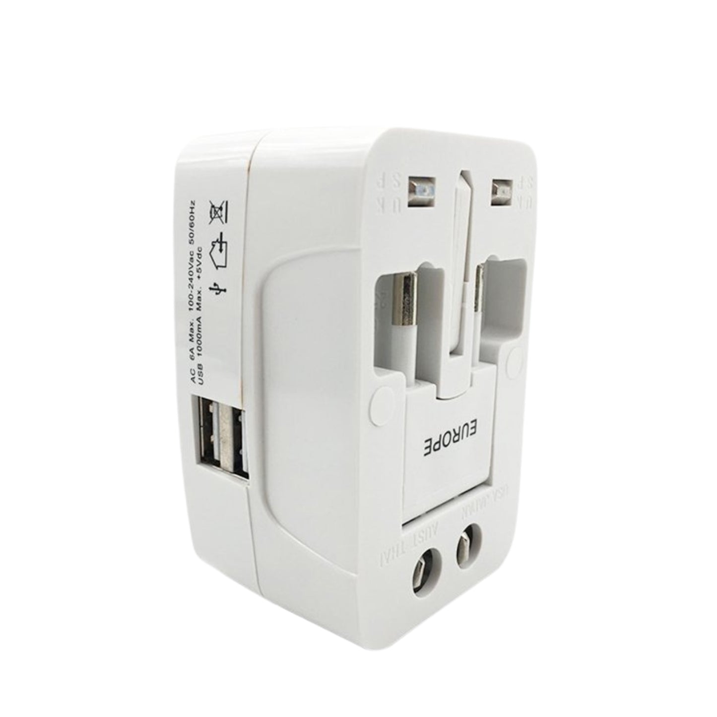 Wukusy all-in-one universal travel AC power adapter with multiple plug types, USB port, and international socket for global travel.