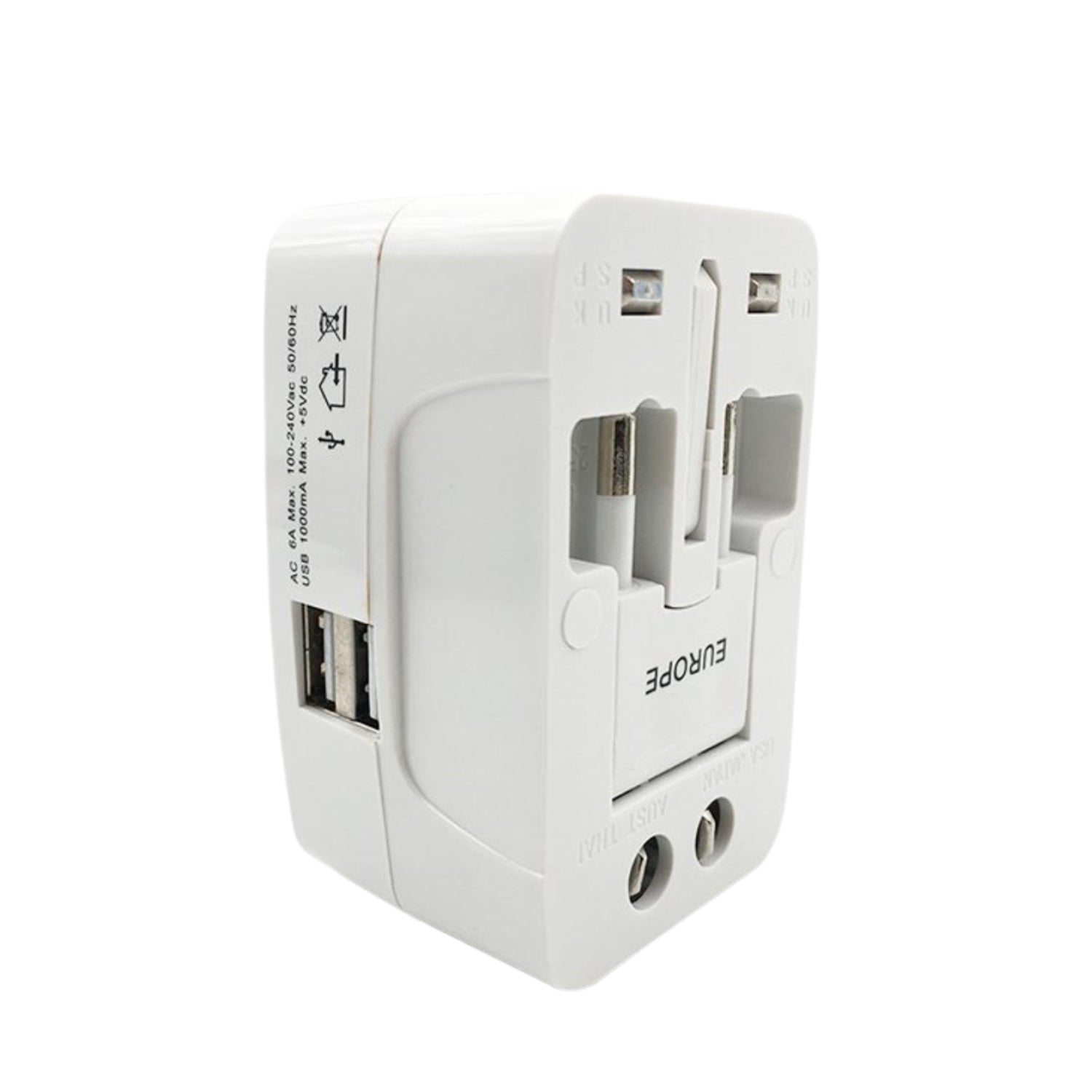 Wukusy all-in-one universal travel AC power adapter with multiple plug types, USB port, and international socket for global travel.