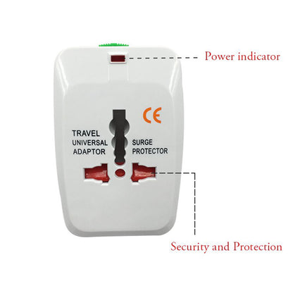 Wukusy all-in-one universal travel power adapter with AU, UK, US, EU plugs, USB port, and socket for international electronic devices.