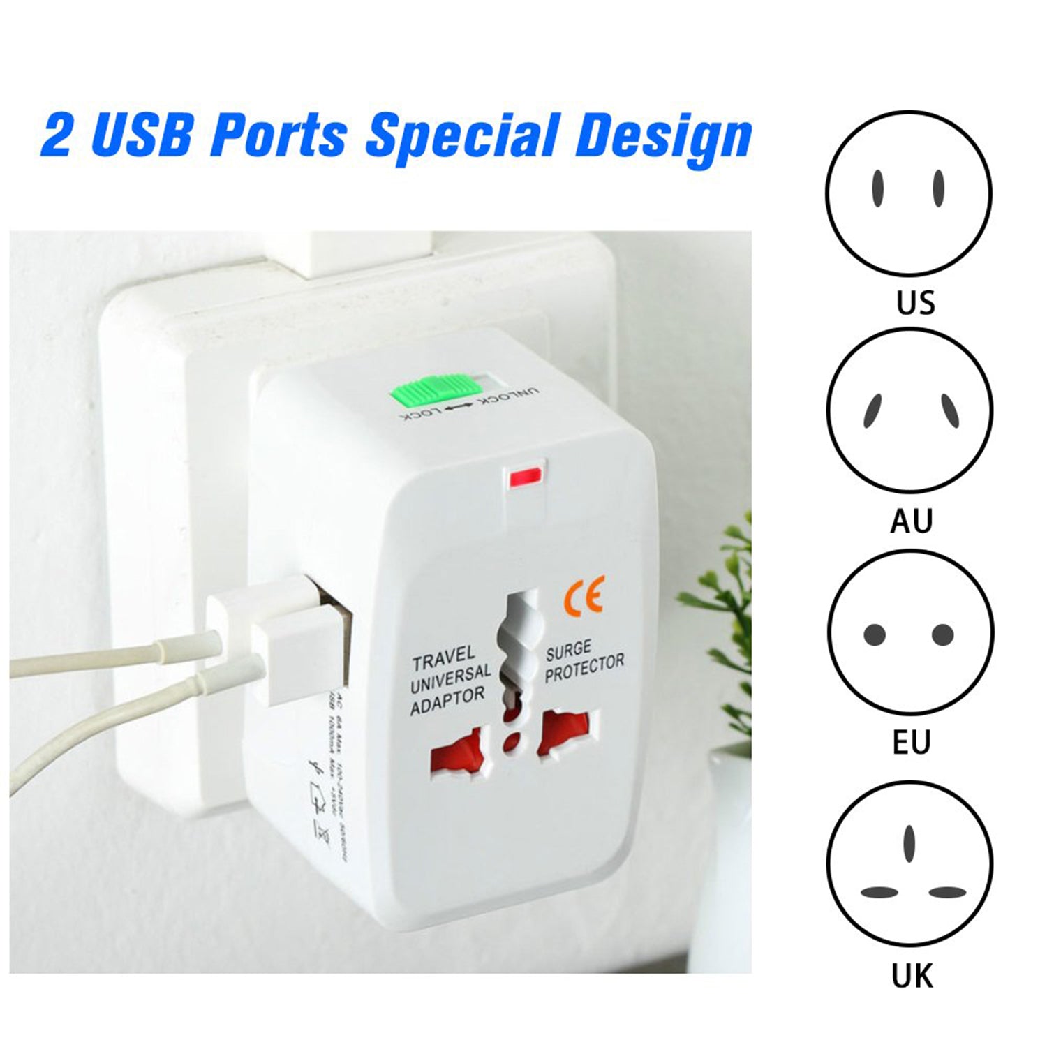 Wukusy all-in-one universal travel AC power adapter with AU, UK, US, EU plugs, USB port, and socket converter for worldwide use.
