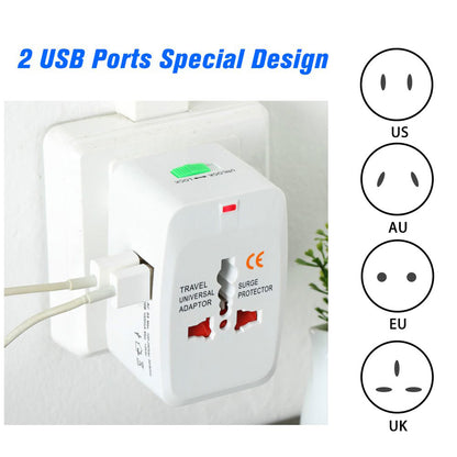 Wukusy all-in-one universal travel AC power adapter with AU, UK, US, EU plugs, USB port, and socket converter for worldwide use.