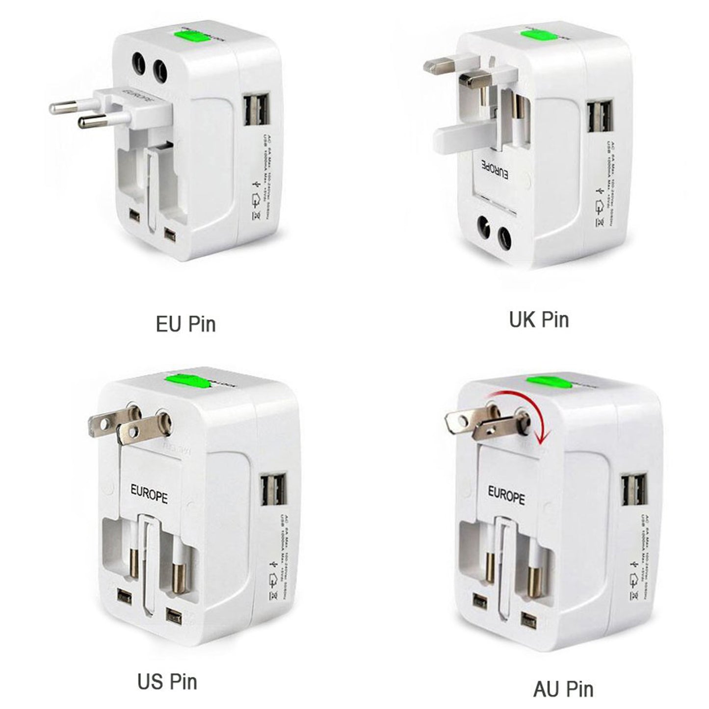 Wukusy all-in-one universal travel power adapter with AU, UK, US, EU sockets and USB charging ports for international travel.