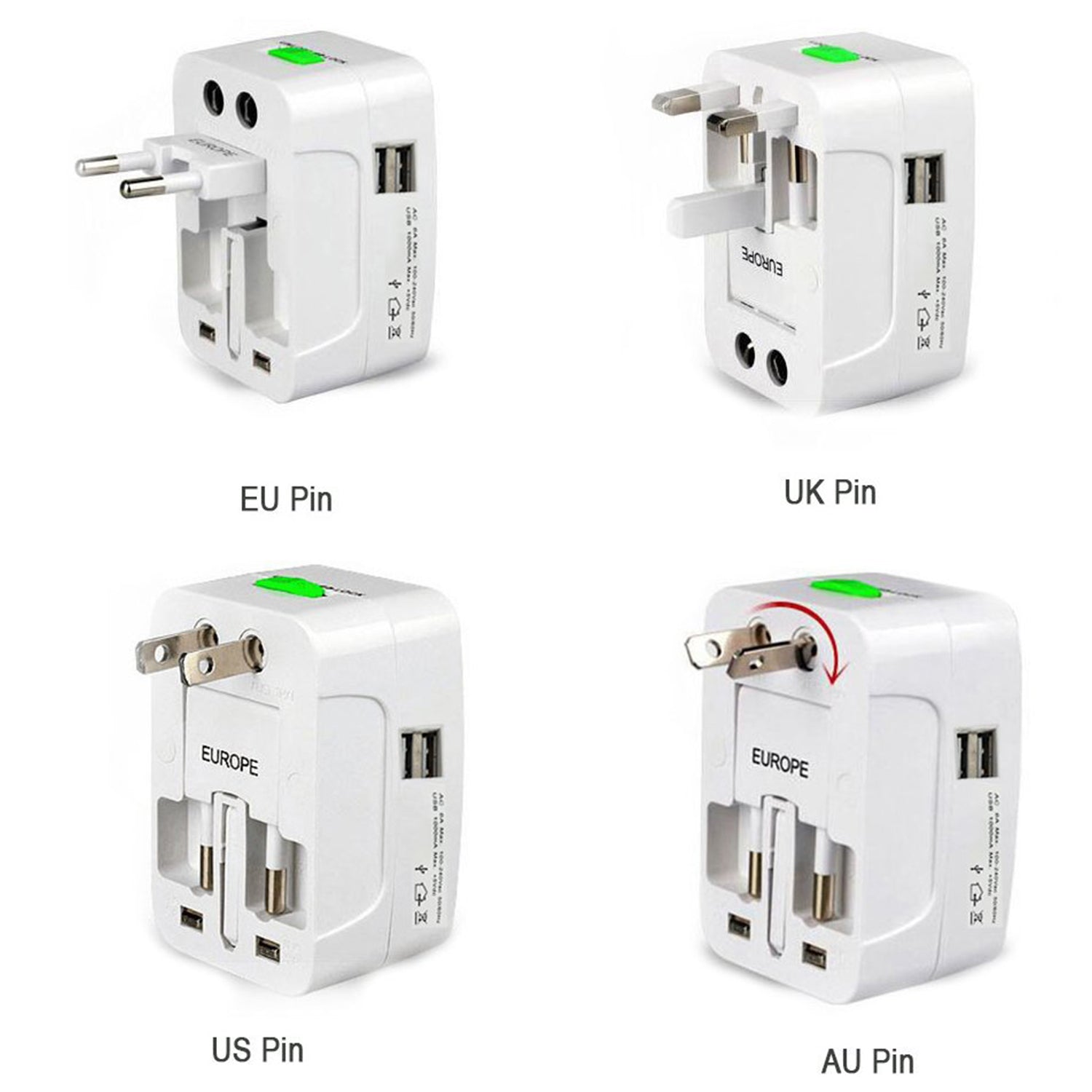 Wukusy all-in-one universal travel power adapter with AU, UK, US, EU sockets and USB charging ports for international travel.