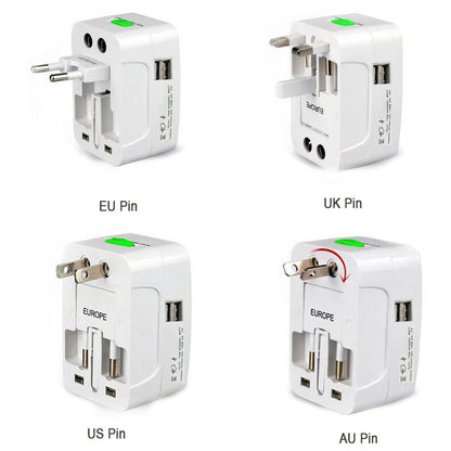 Wukusy all-in-one universal travel power adapter with AU, UK, US, EU sockets and USB charging ports for international travel.