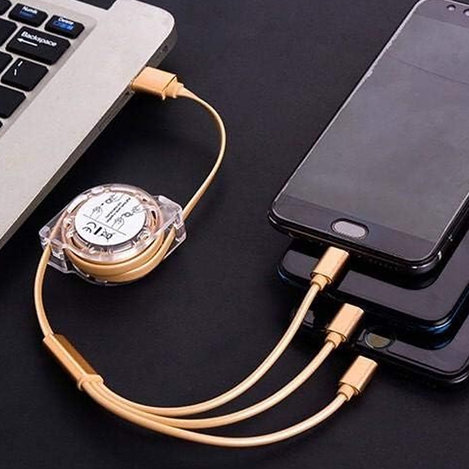 Wukusy 12835 3-in-1 retractable micro USB, Type C, and Android charging cable for mobile devices, compact and portable.