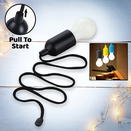 Black LED pendant light with pull cord, hanging wire, and bulb for indoor lighting, featuring a sleek modern design.