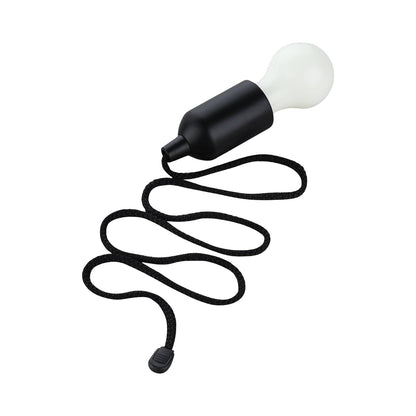 Black LED pendant light with pull cord, hanging LED bulb, and drawstring wiring, by Wukusy, suitable for electronics lighting.