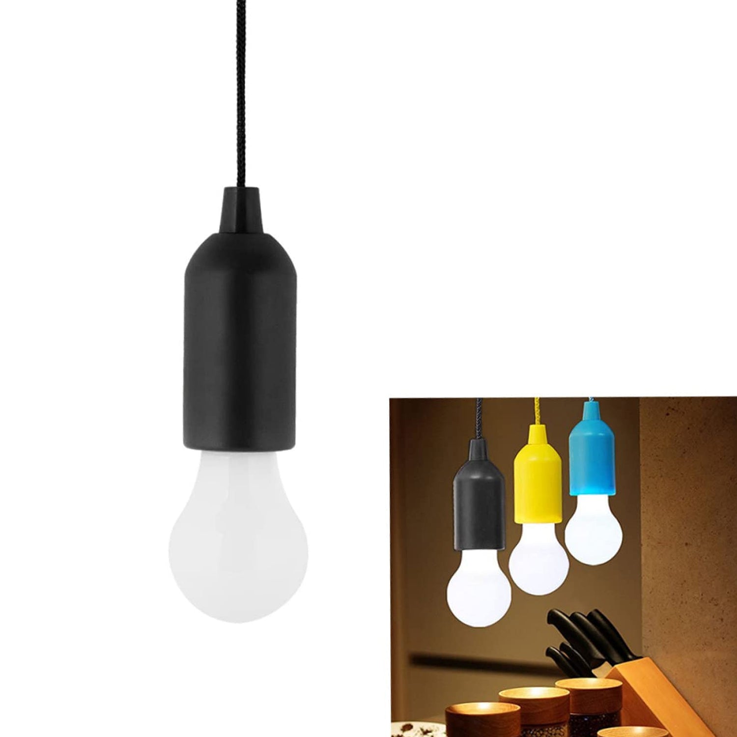 Black LED pendant light with pull cord, hanging wire, and bulb, designed for stylish home or office lighting by Wukusy.