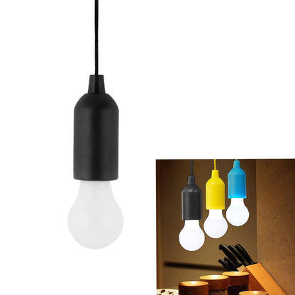 Black LED pendant light with pull cord, hanging wire, and bulb, designed for stylish home or office lighting by Wukusy.