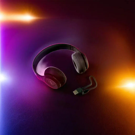 Wukusy wireless over-ear Bluetooth headphones with foldable headband, hands-free calling, black design, electronics product.