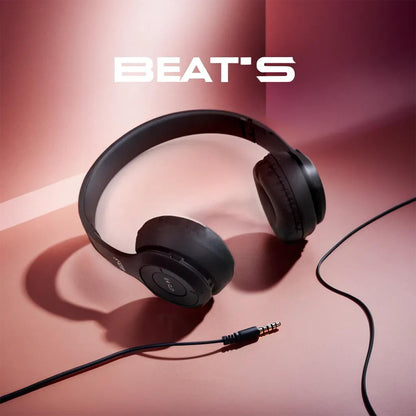 Wukusy wireless over-ear Bluetooth headphones with foldable headband, hands-free calling, and sleek black design.