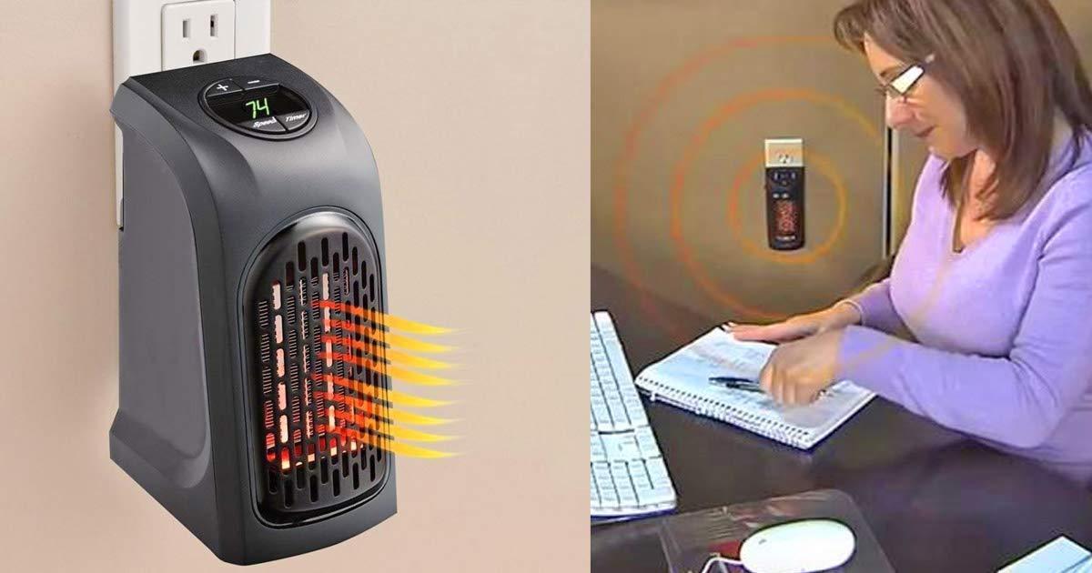 Wukusy 251 Electric Mini Handy Heater plugged into wall socket, 400W portable electric space heater for quick warmth.
