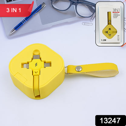 Wukusy 3-in-1 retractable charger cable compatible with smartphones, featuring multiple connectors for versatile device charging.