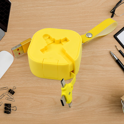 Wukusy 3-in-1 retractable charger cable compatible with smartphones, featuring multiple connectors for versatile charging.