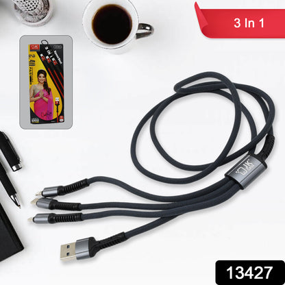 Wukusy 3-in-1 multi fast charging cable with USB connectors, 1200mm length, suitable for multiple electronic devices.
