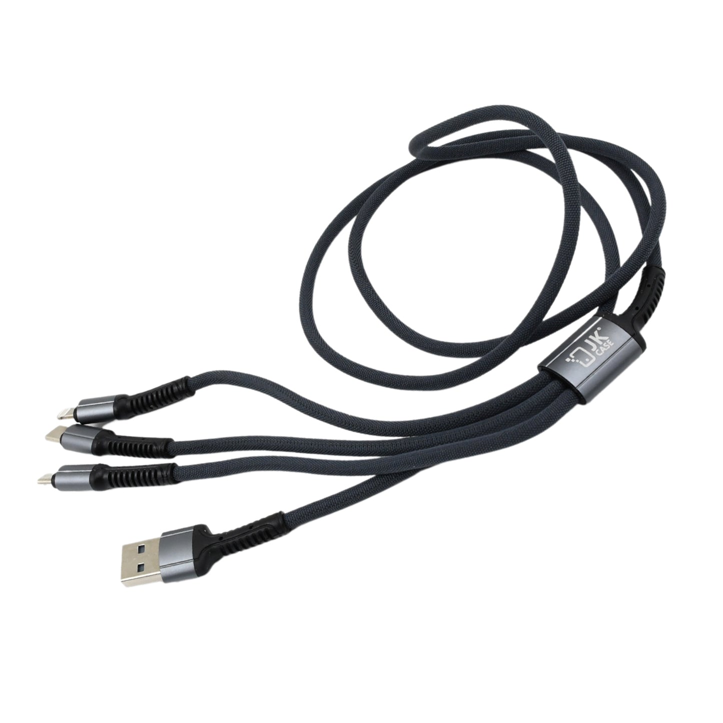 Wukusy 3-in-1 multi fast charging cable with USB, USB-C, and Lightning connectors, 1200mm length for versatile device charging.