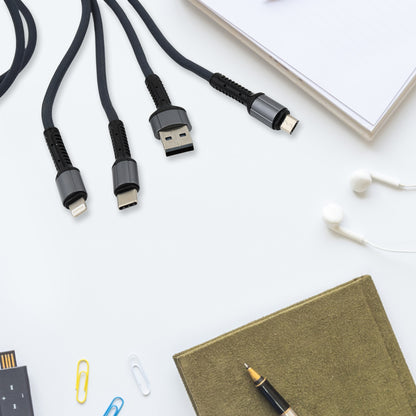 Wukusy 3-in-1 multi fast charging cable with USB-C, Lightning, and Micro USB connectors, 1200mm length for versatile device charging.