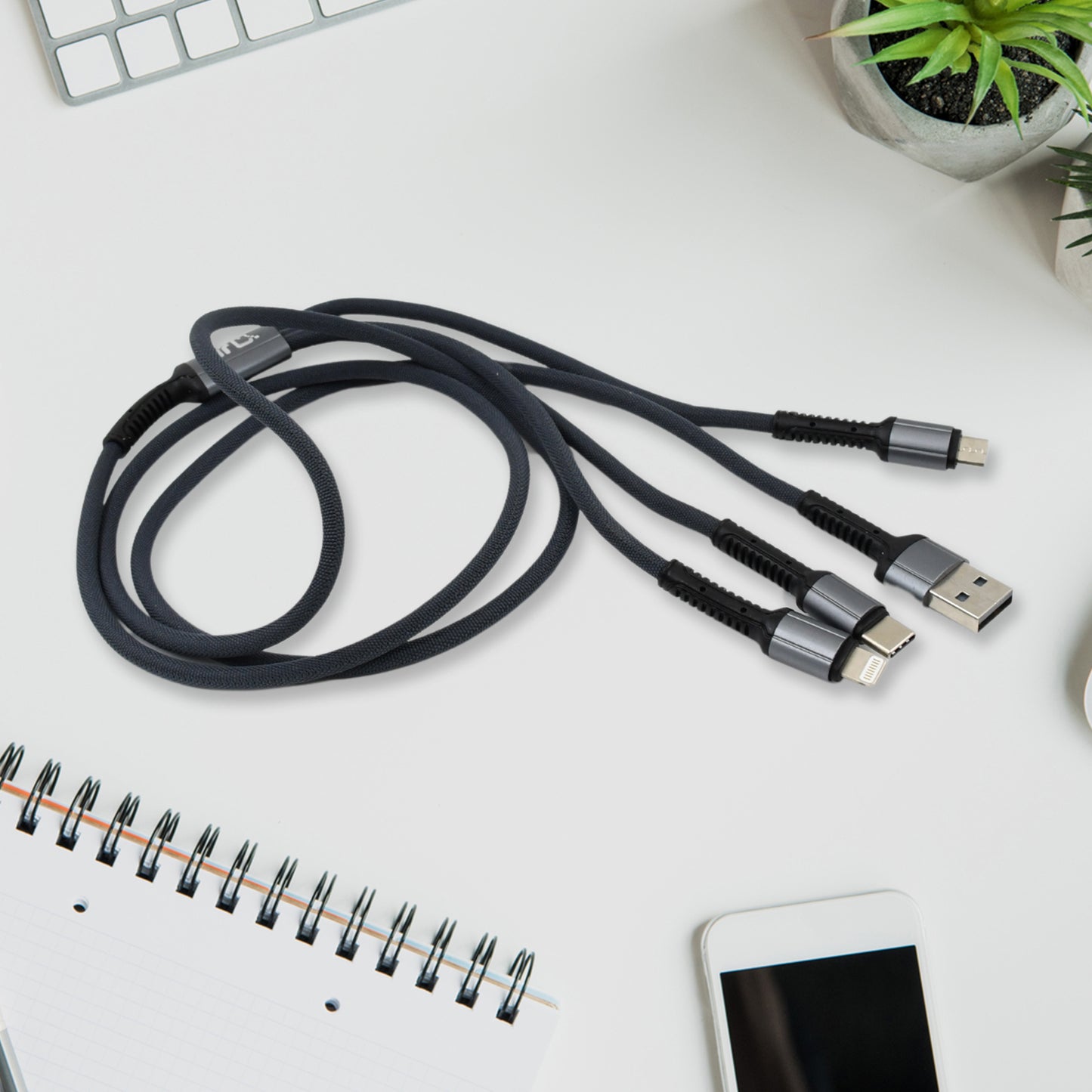 Wukusy 3-in-1 multi fast charging cable with USB connectors, 1200mm length, for versatile device charging and data transfer.