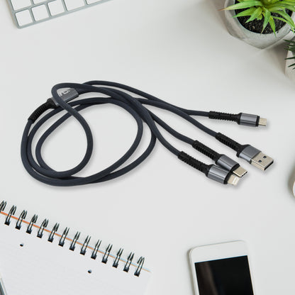 Wukusy 3-in-1 multi fast charging cable with USB connectors, 1200mm length, for versatile device charging and data transfer.