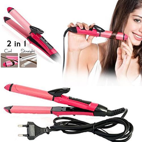 Wukusy 2-in-1 hair straightener and curler machine for women, displaying the dual-function hair styling iron in use.