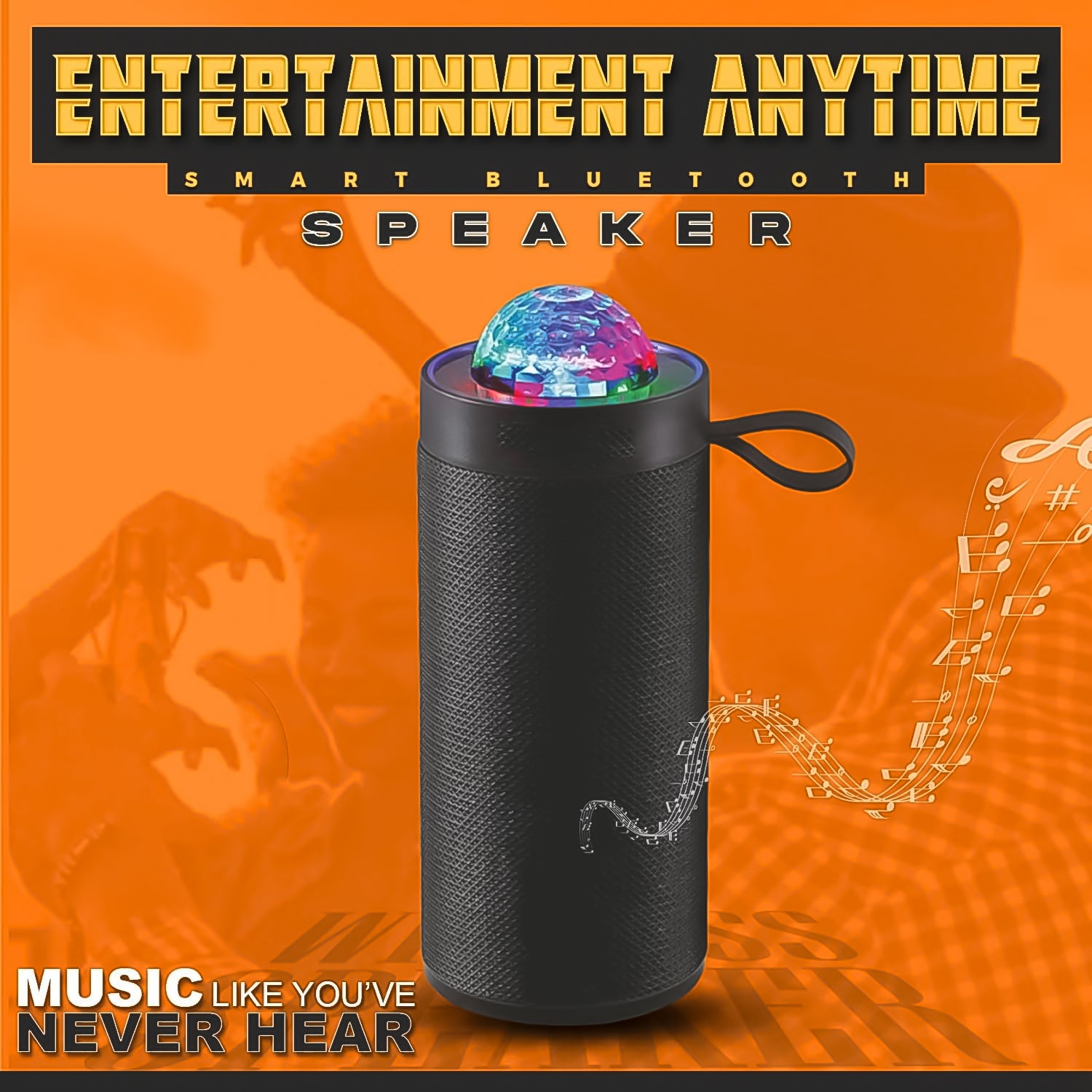 Wukusy 3D Disco Light Sound Bluetooth Speaker showcasing vibrant lighting and modern electronic design.