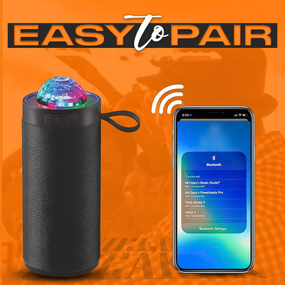 Wukusy 3D Disco Light Sound Bluetooth Speaker showcasing colorful lighting and compact electronic design for music and party use.