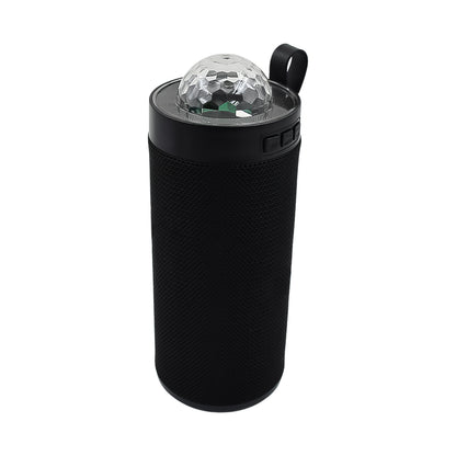 Wukusy 3D disco light sound Bluetooth speaker showing colorful LED lights and control buttons on a sleek black design