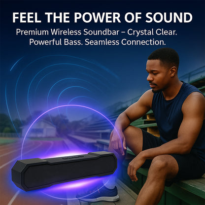 Wukusy 3D Sound Wireless Bluetooth Speaker, compact electronic device with built-in controls and speaker grille, black finish.