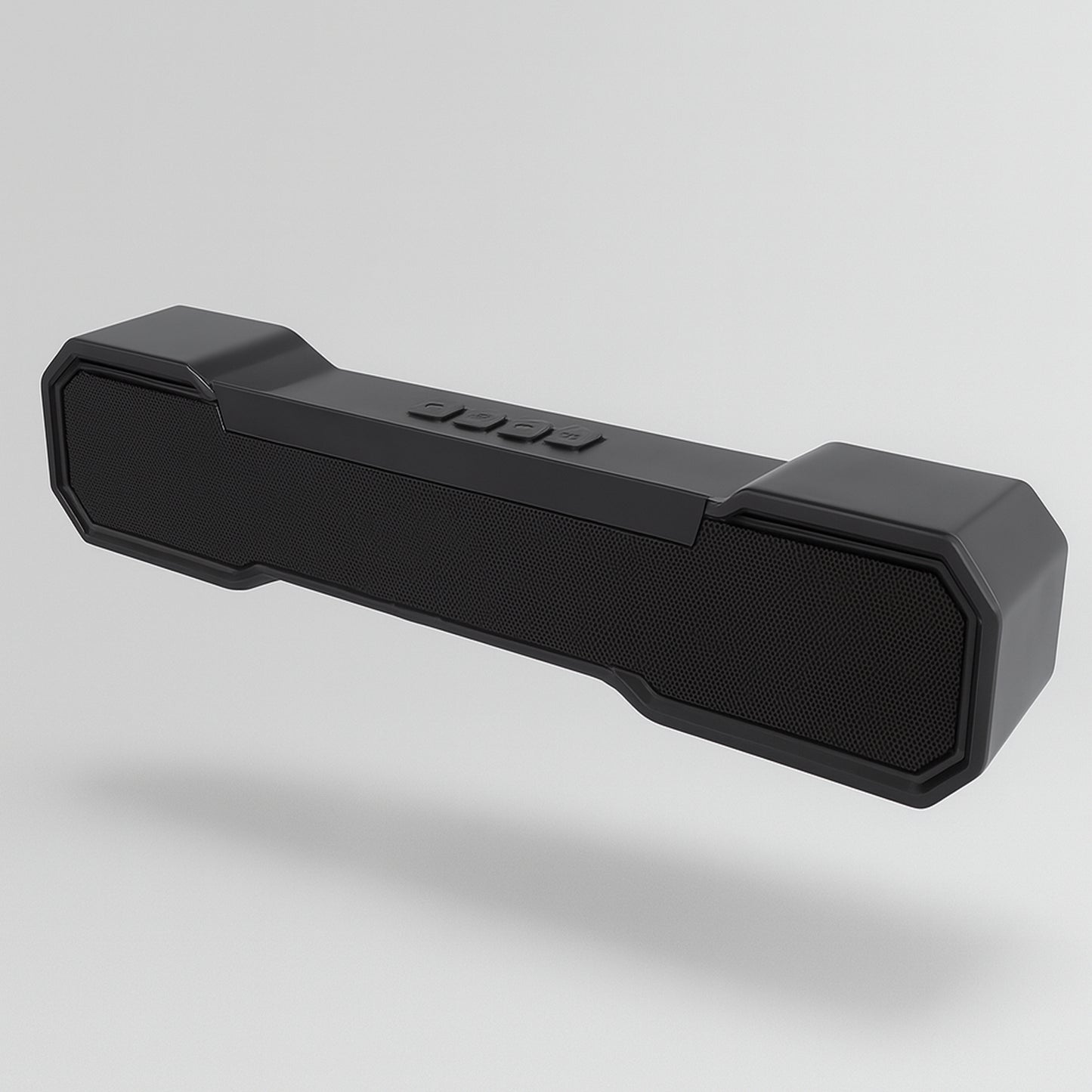 Wukusy 3D Sound Wireless Bluetooth Speaker showing black cylindrical design with control buttons and connecting cable.