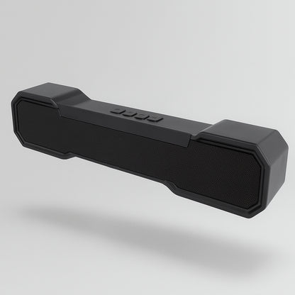 Wukusy 3D Sound Wireless Bluetooth Speaker showing black cylindrical design with control buttons and connecting cable.