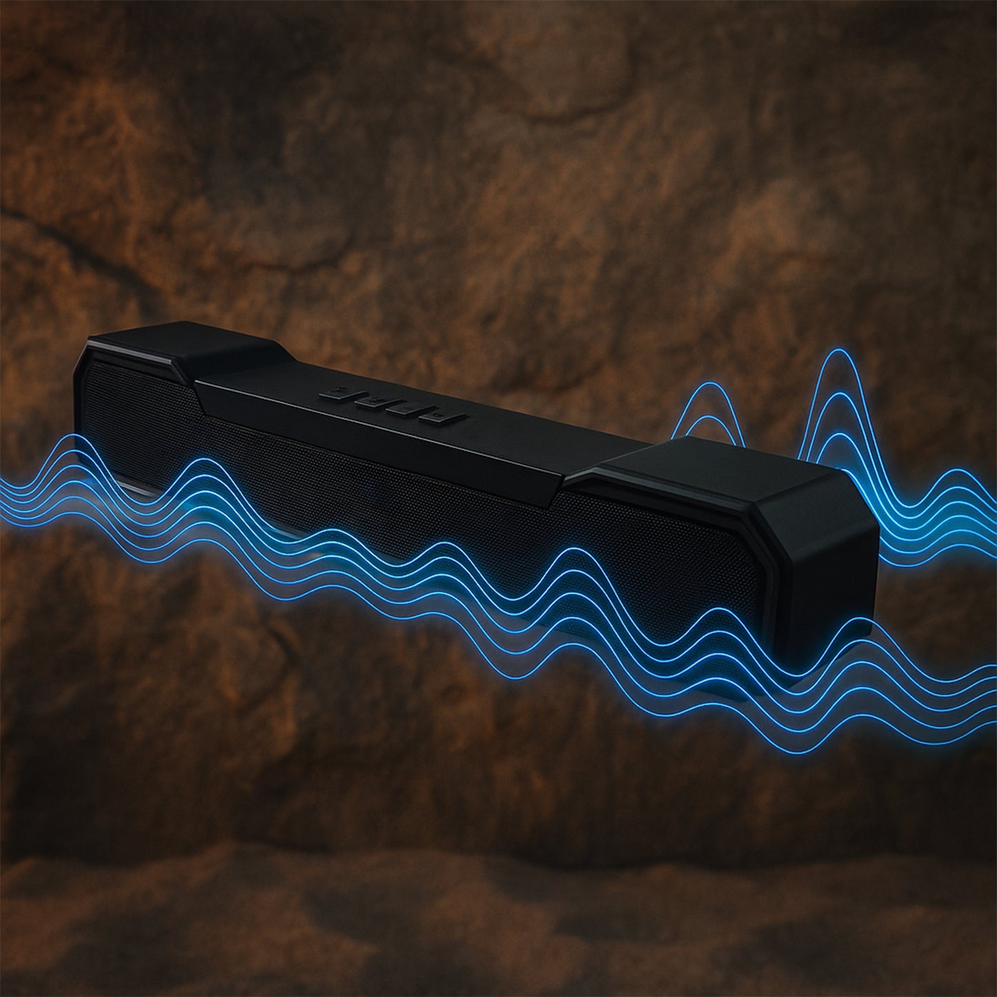 Wukusy 3D Sound Wireless Bluetooth Speaker showing compact black design with control buttons and connecting port.