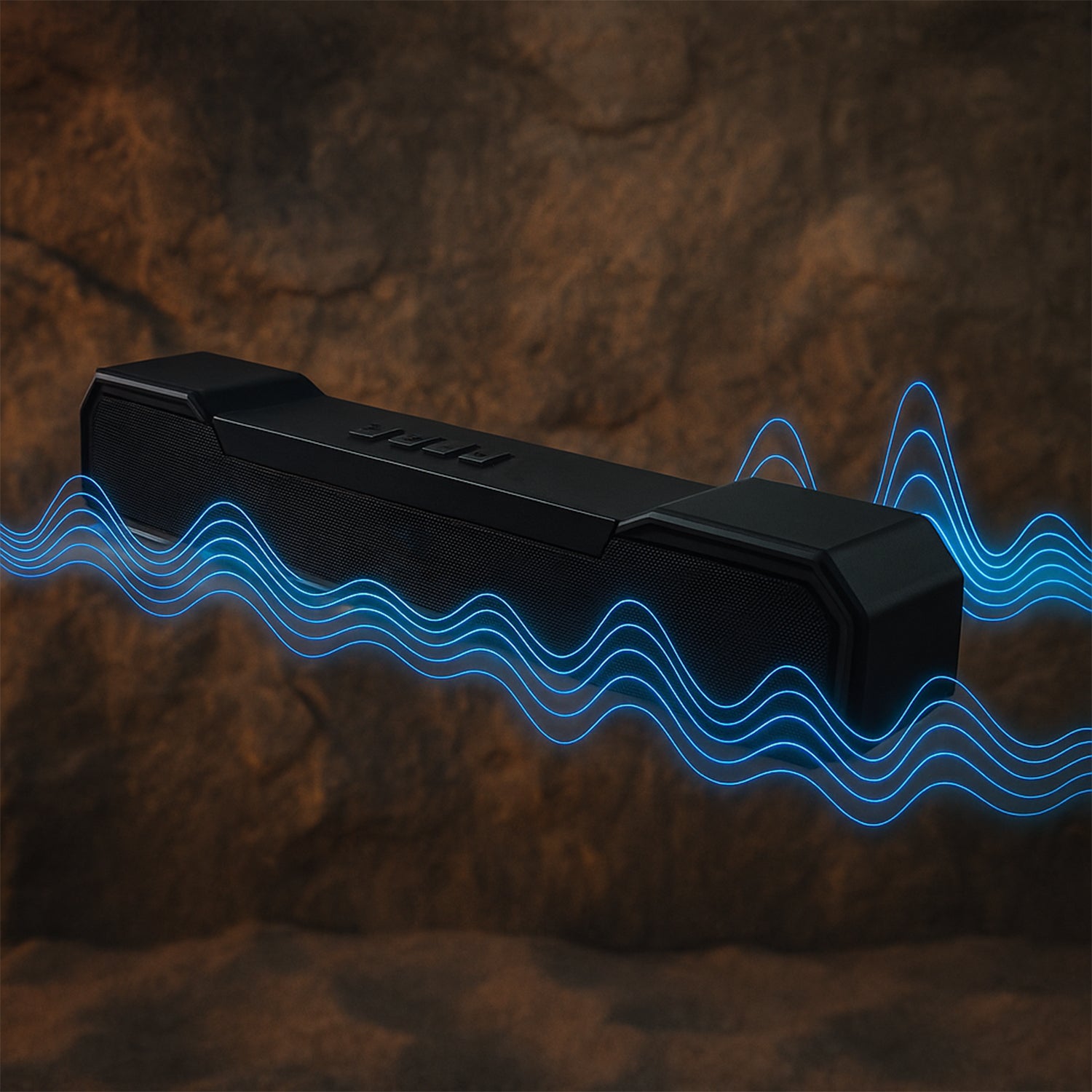 Wukusy 3D Sound Wireless Bluetooth Speaker showing compact black design with control buttons and connecting port.