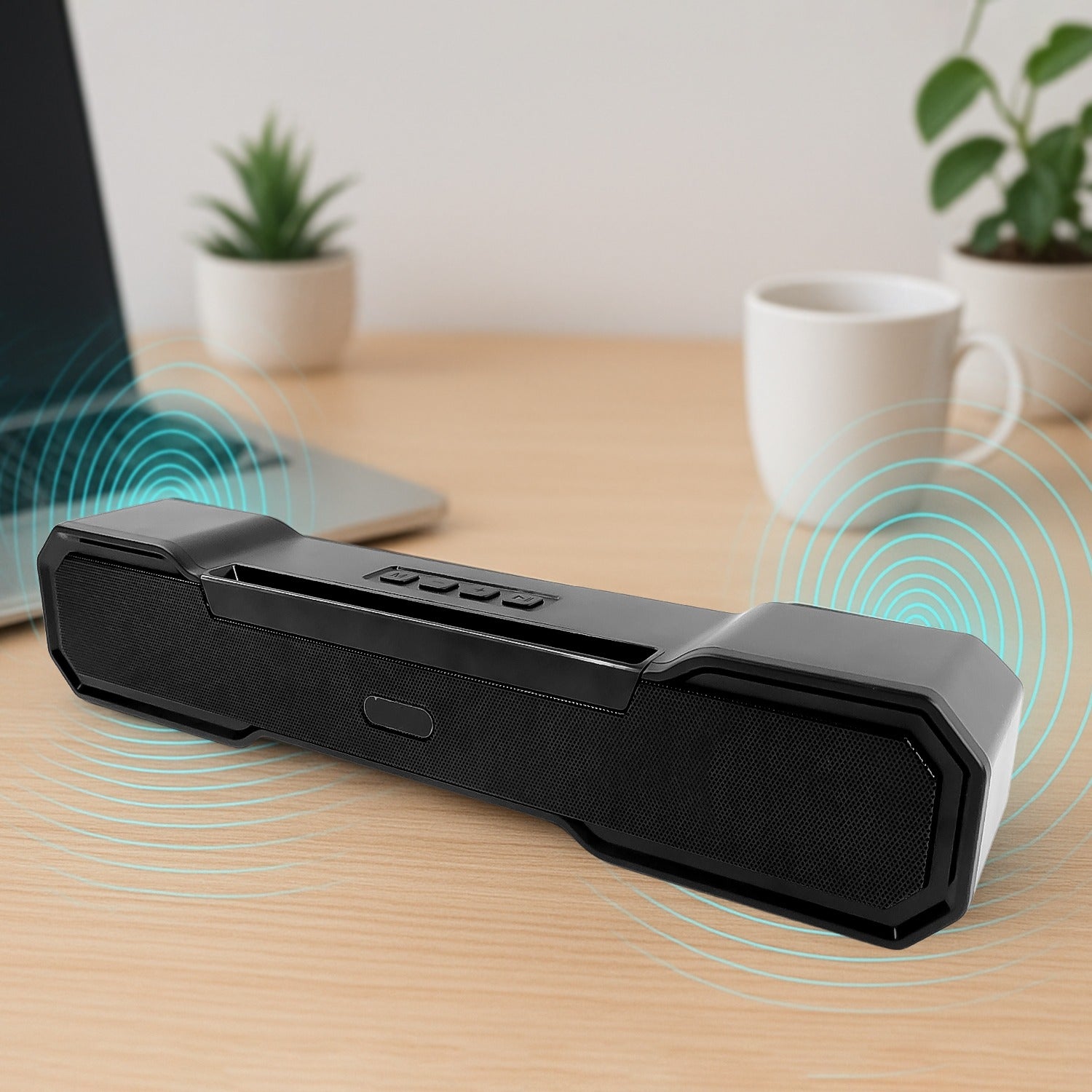 Wukusy 3D Sound Wireless Bluetooth Speaker showing compact black design with control buttons on top.