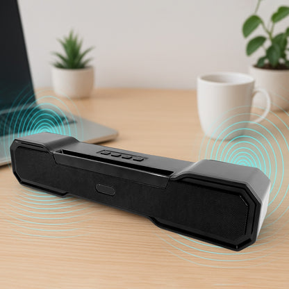Wukusy 3D Sound Wireless Bluetooth Speaker showing compact black design with control buttons on top.