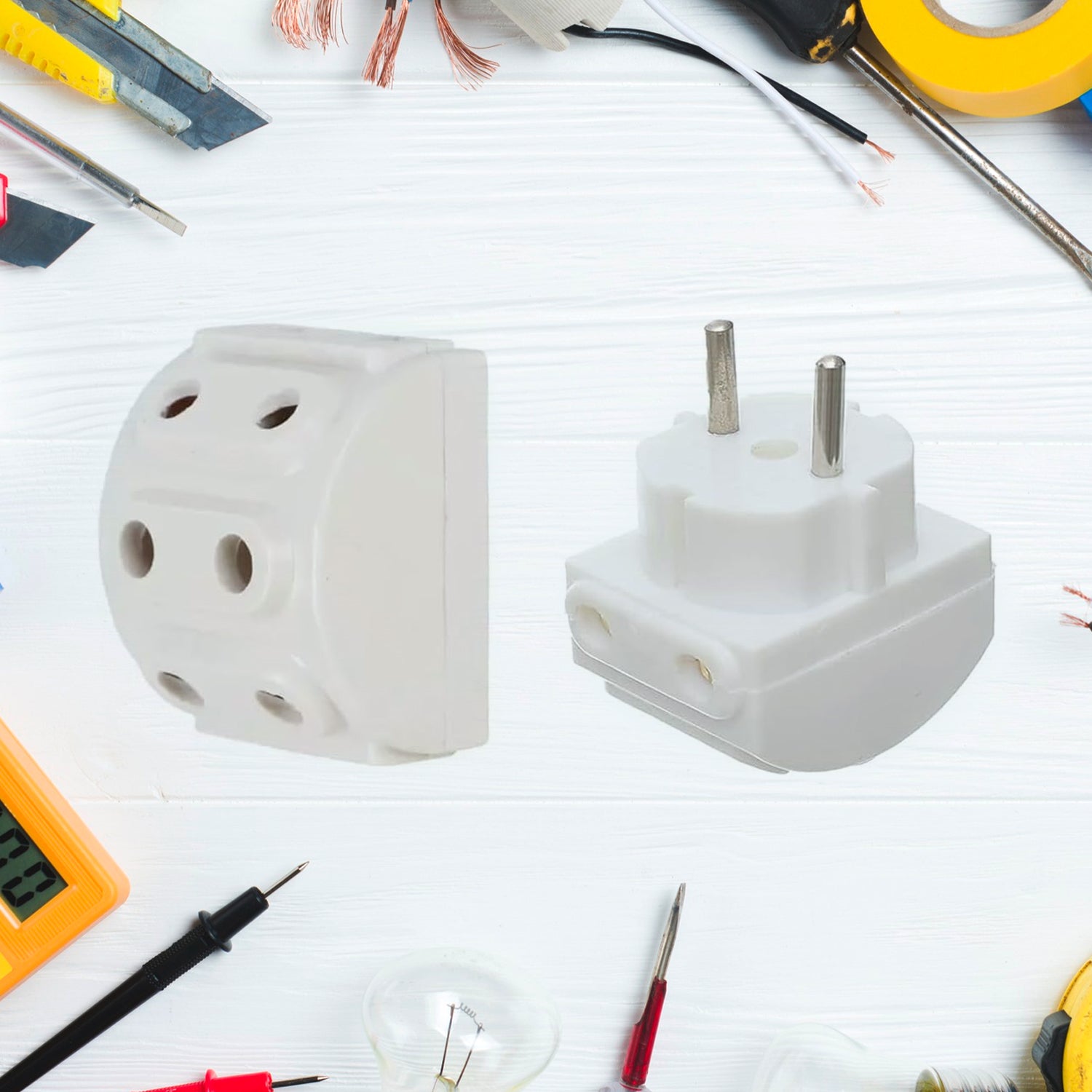 Wukusy 5-way 2-pin multi-plug socket converter for electronics, with five outlets and compact design.