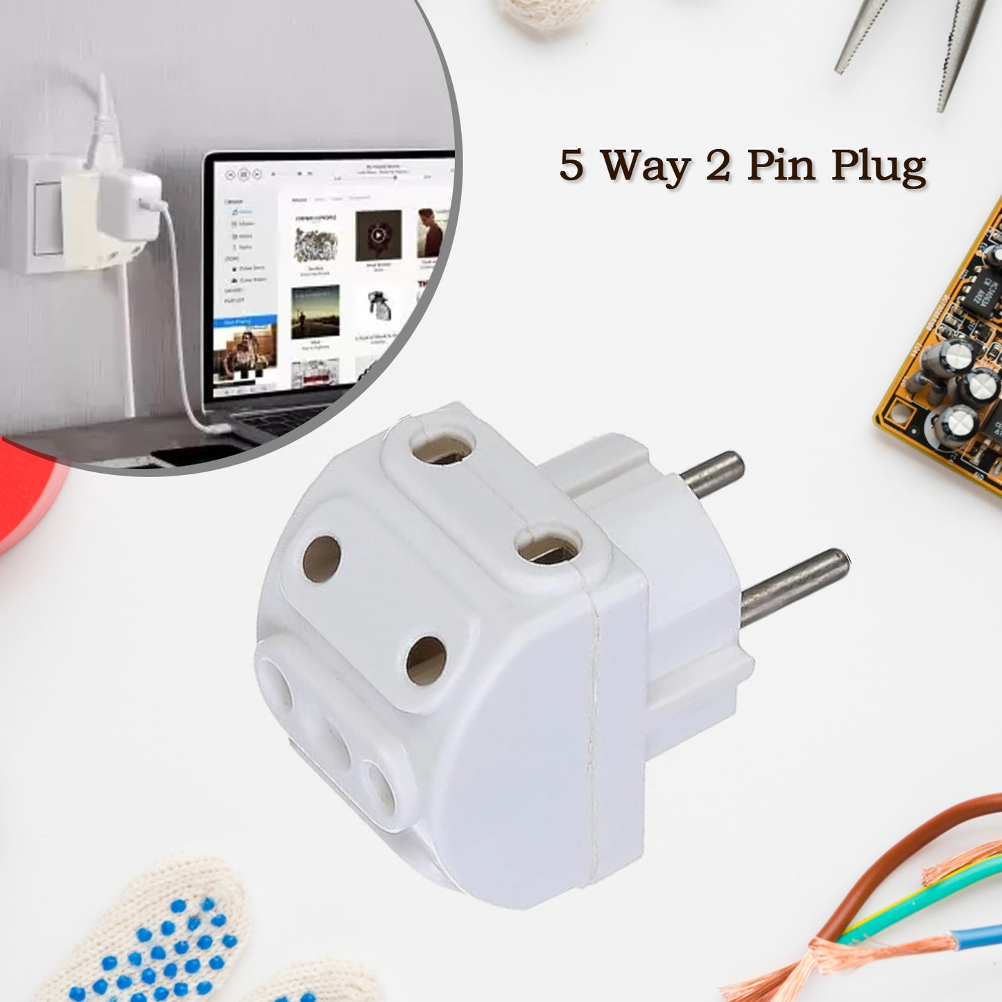 Wukusy 5-way 2-pin multi-plug socket converter for electronics, with five outlets for multiple devices, black plastic design.