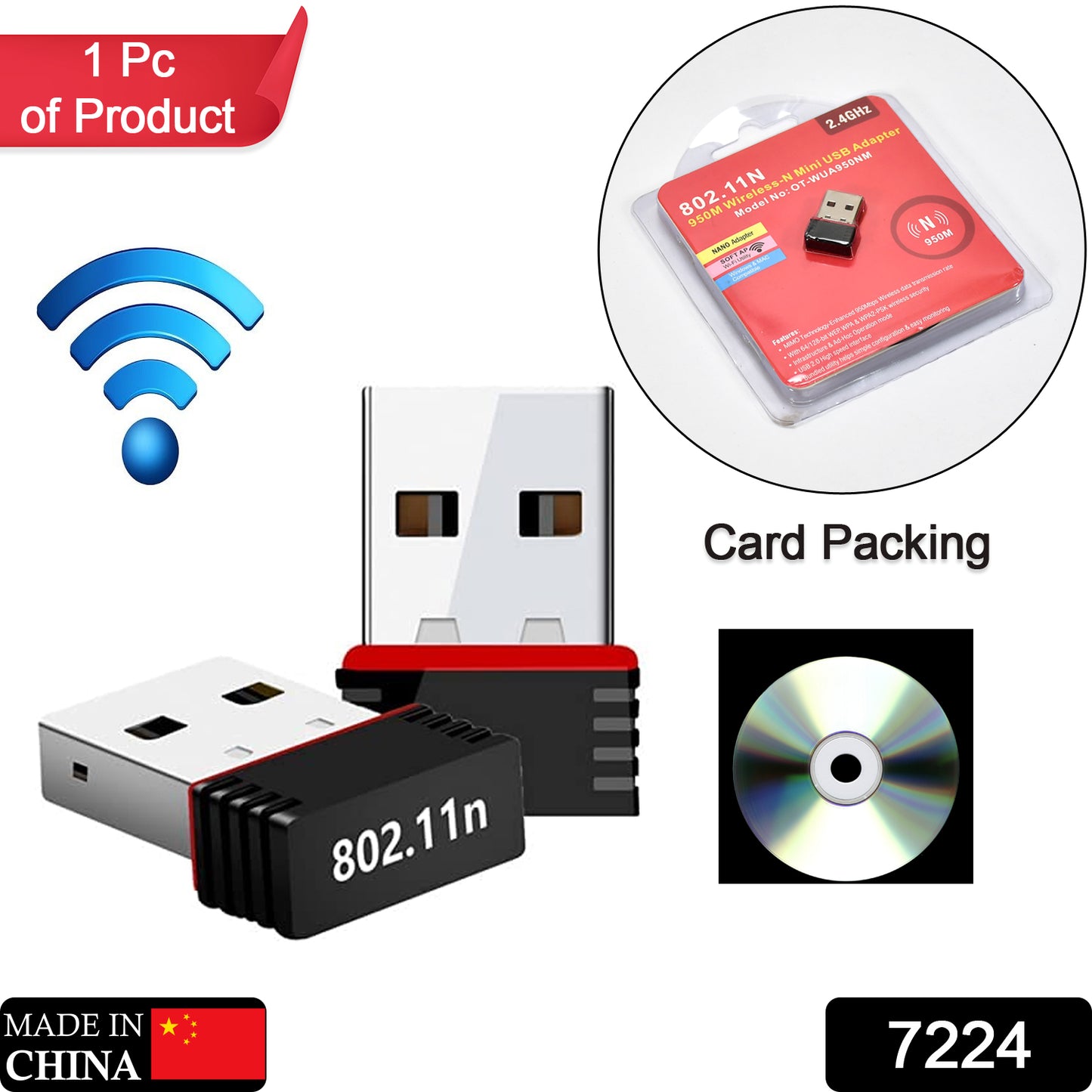 Wukusy Wi-Fi receiver wireless mini network adapter connected to a laptop with driver CD and USB port for computer and device use.