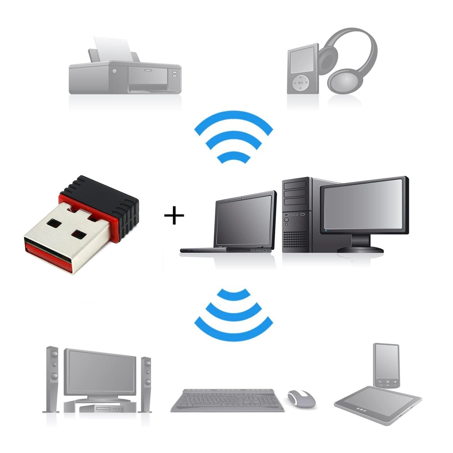 Wukusy 7224 Wi-Fi receiver wireless mini network adapter connected to a laptop, with driver CD nearby, for enhanced wireless connectivity.