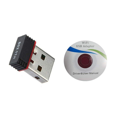 Wukusy 7224 Wi-Fi receiver wireless mini network adapter connected to a laptop with driver CD visible, used for computer and device connectivity.