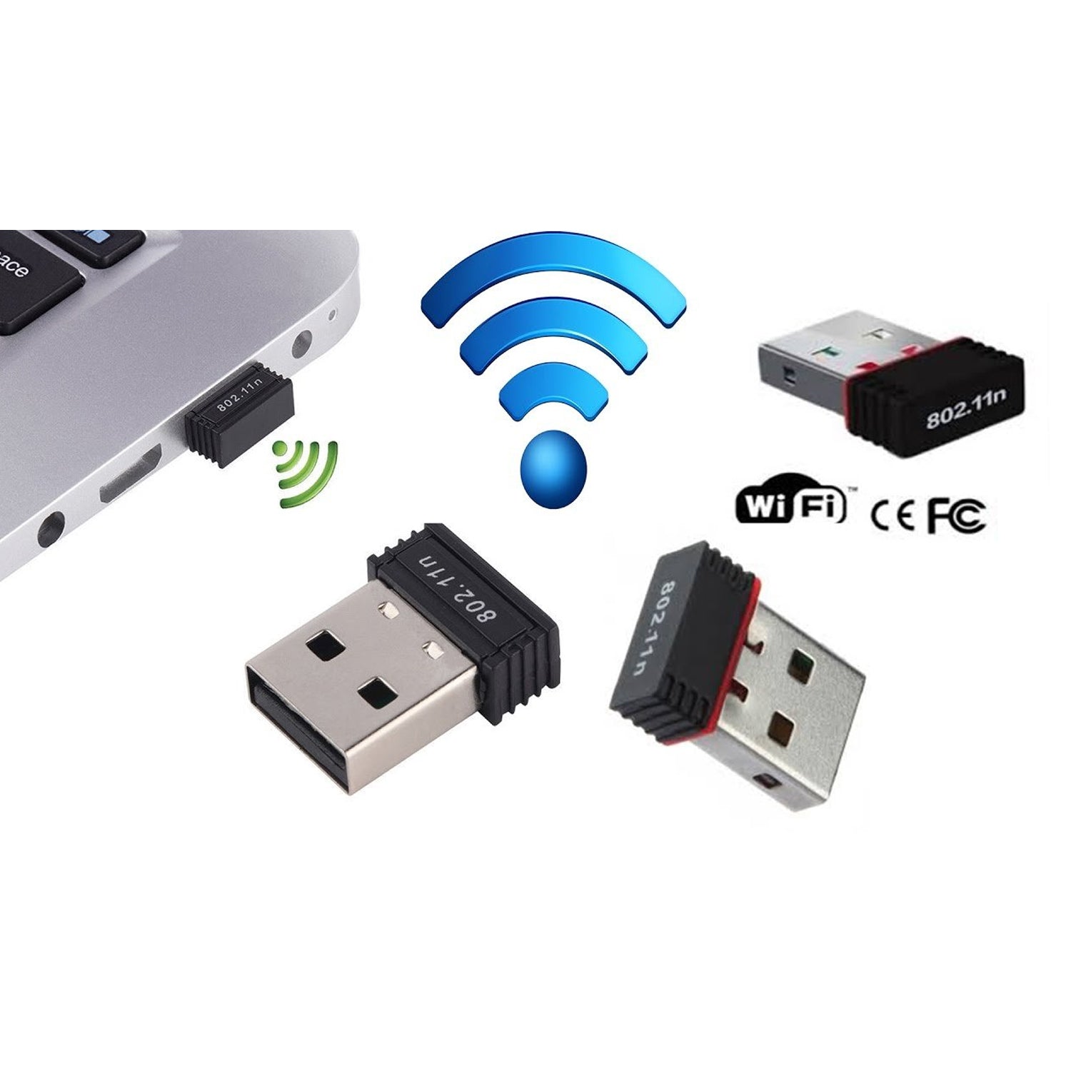 Wukusy 7224 wireless Wi-Fi receiver and network adapter for computers and laptops, includes driver CD, compact electronic device.