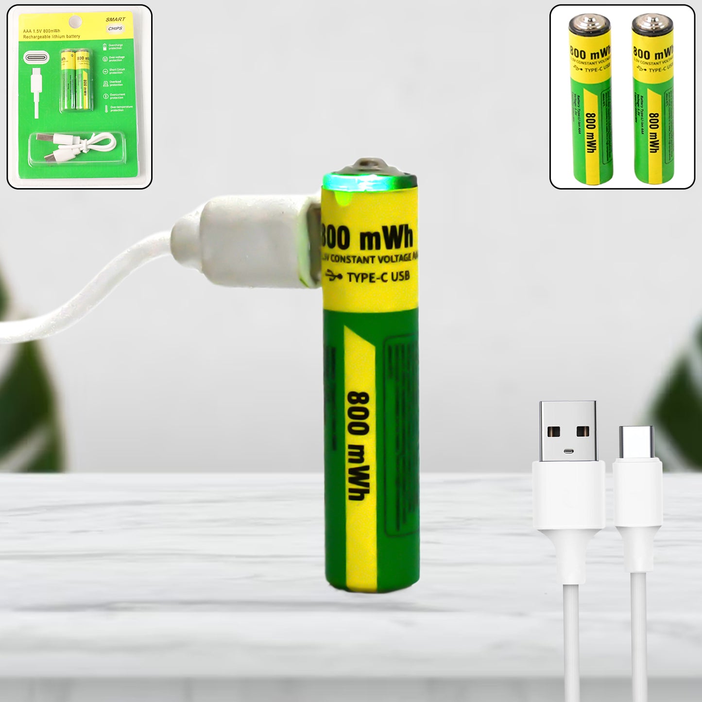 Wukusy AAA rechargeable 800mWh batteries with recharging cable, set of 2, in black and white, suitable for electronic devices