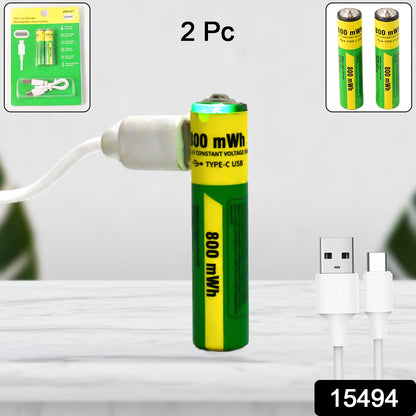 Wukusy AAA rechargeable batteries with 800 mWh capacity and recharging cable, set of 2, suitable for electronic devices.