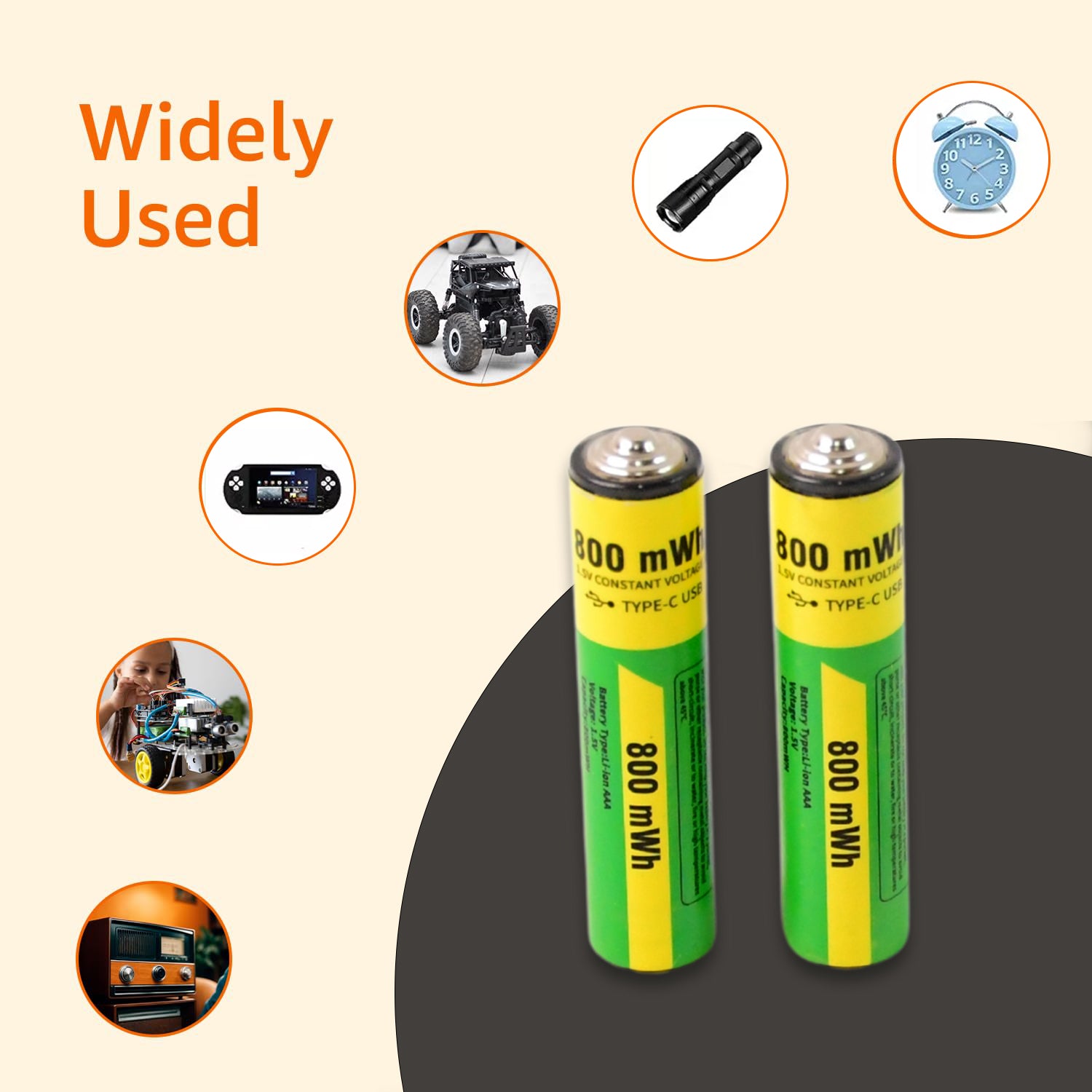 Wukusy AAA rechargeable batteries with 800mWh capacity and recharging cable, 2-piece set, suitable for electronic devices.