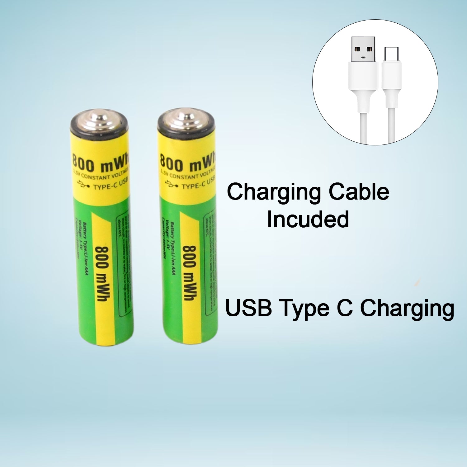 Wukusy AAA rechargeable batteries with 800mWh capacity and recharging cable, set of two for electronic devices.