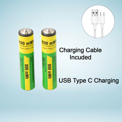Wukusy AAA rechargeable batteries with 800mWh capacity and recharging cable, set of two for electronic devices.