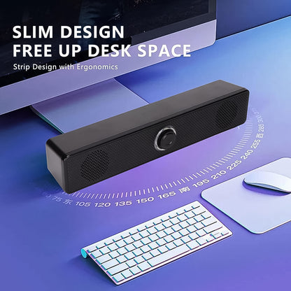 Wukusy wired USB-powered desktop computer speaker with plug-and-play design, shown in black with control buttons.