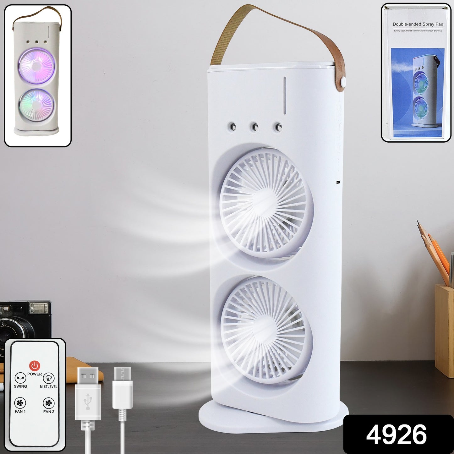Wukusy electric desktop fan with double heads, powerful air cooler, remote control for adjustable cooling.