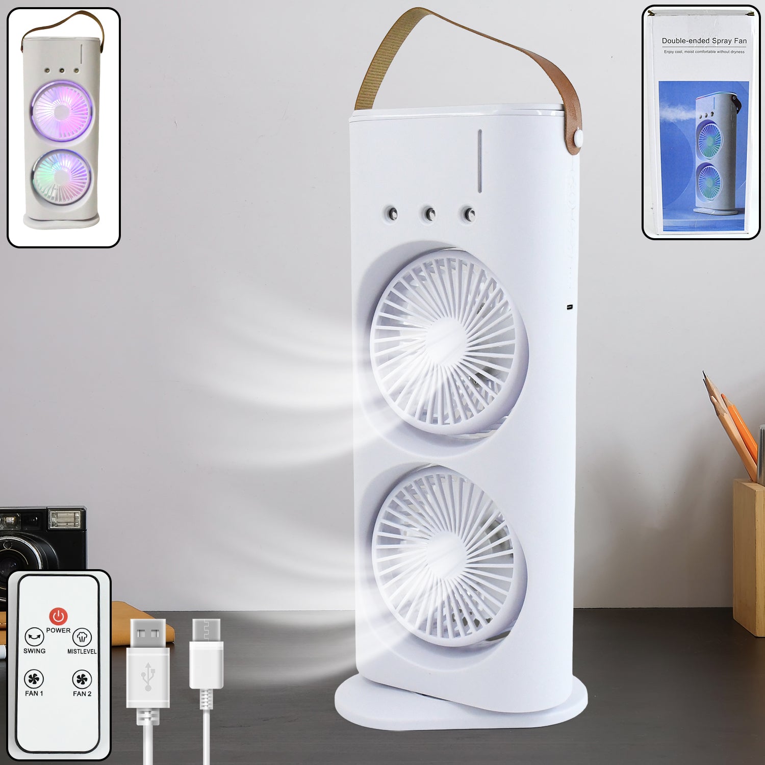 Wukusy electric desktop fan with double heads and remote control, powerful air cooler for efficient cooling.