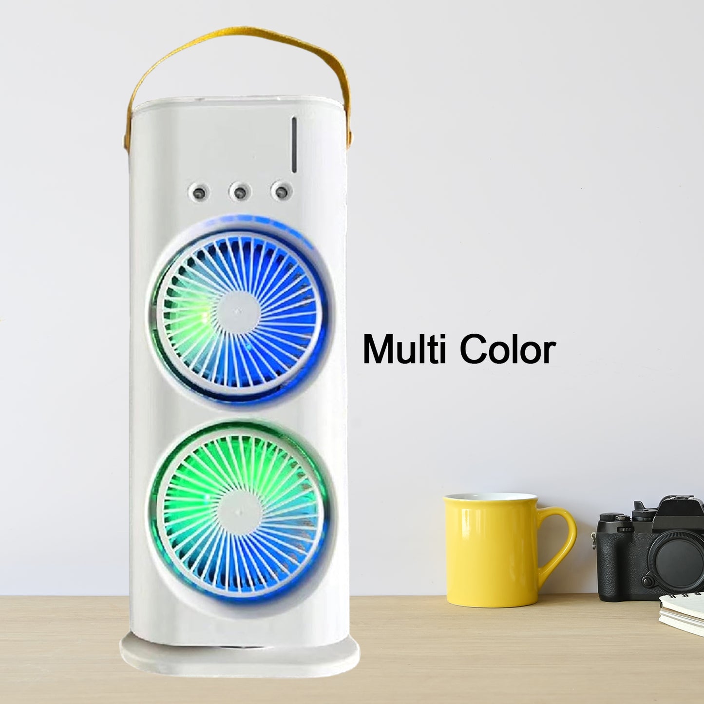 Wukusy double-head electric desktop fan with remote control, powerful air cooler for home or office use.